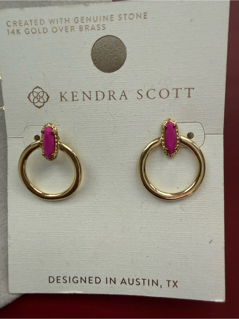 Kendra Scott Gold Hoop Circle Post Earrings with Hot Pink Stone NWT